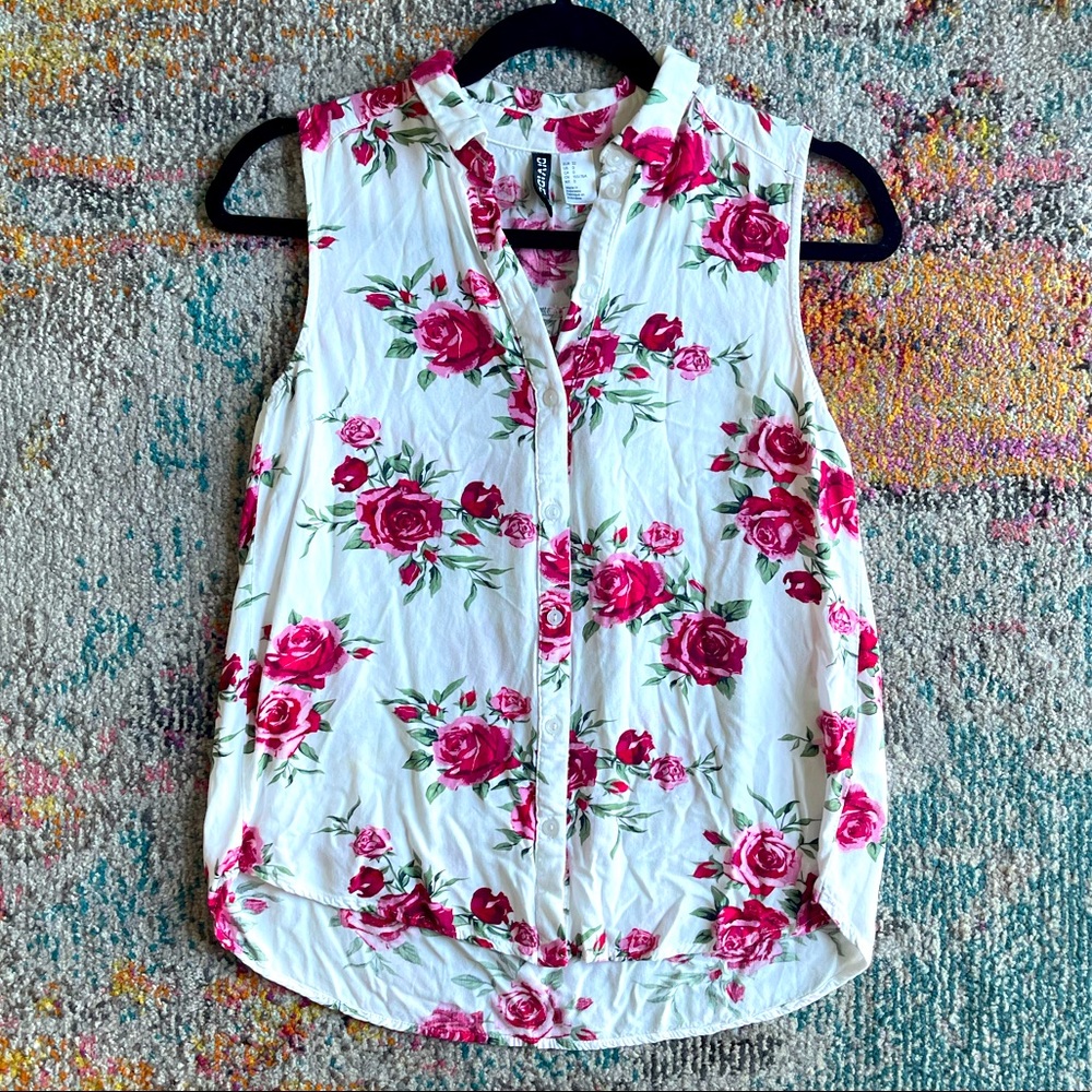 H&M Roses Button Down Collared Tank Top size 0